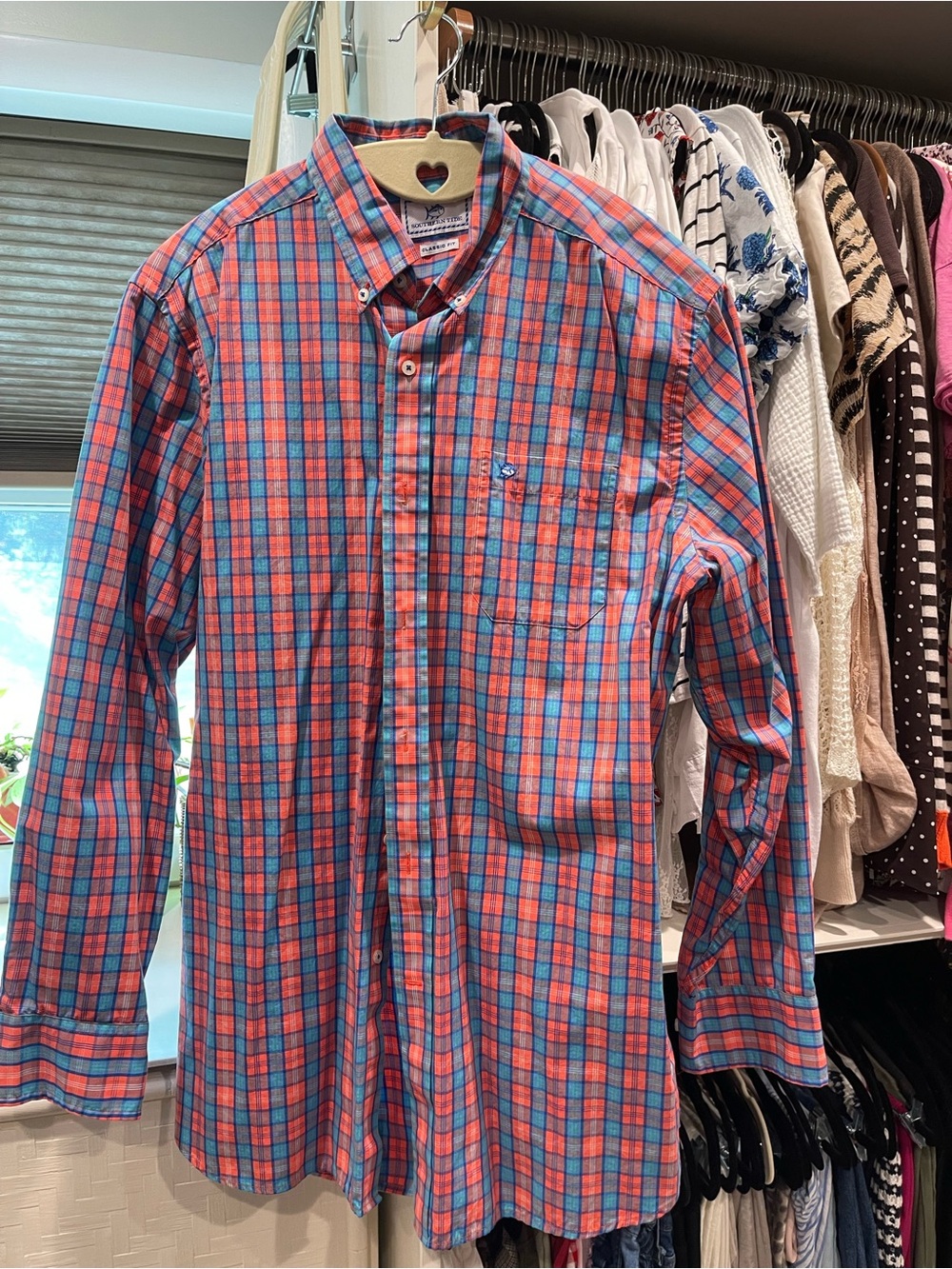 Southern Tide Coral and Teal Plaid Button-Down Shirt